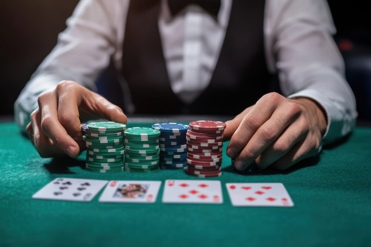 In-game poker interface showing hole cards, community cards, and action buttons
